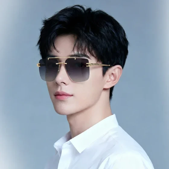 Men's polygonal sunglasses, frameless, trendy and stylish, aviator double-beam driver's driving sunglasses, new high-end design