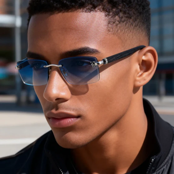 European and American fashion frameless sunglasses for men, vintage wood grain temples, leopard head design, sun protection sunglasses for men