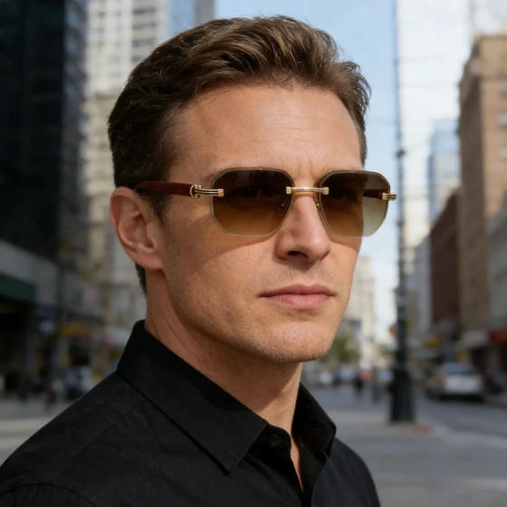 Rimless glasses for men, high-end European and American retro style, faux wood grain temple, UV protection, personalized sunglasses