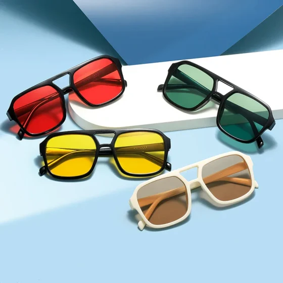 New candy-colored double-bridge sunglasses, fashionable and trendy square-frame retro UV-protection personalized eyewear