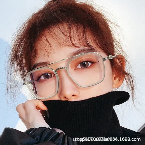 Double-bridge glasses, retro square frame, myopia, influencer style, blue light blocking, fashionable trendy flat glasses, large frame