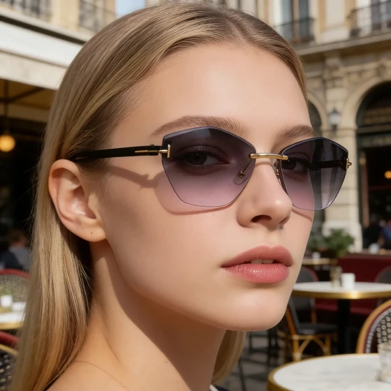 European and American fashion cat-eye rimless sunglasses for women, stylish and trendy street style sun protection eyewear for women