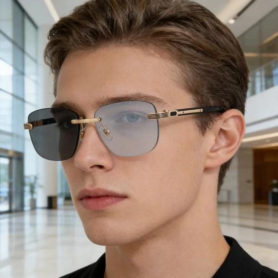 Men's color-changing sunglasses, frameless high-end sunglasses, men's designer driving sun protection glasses