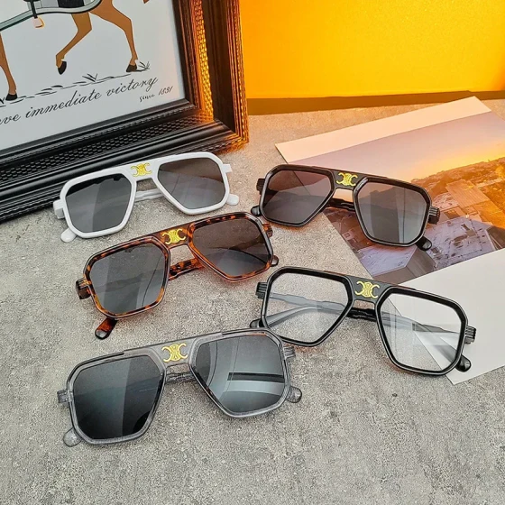 New square-frame double-bridge sunglasses, Korean retro large-frame aviator glasses, trendy marine-style sunglasses C Home
