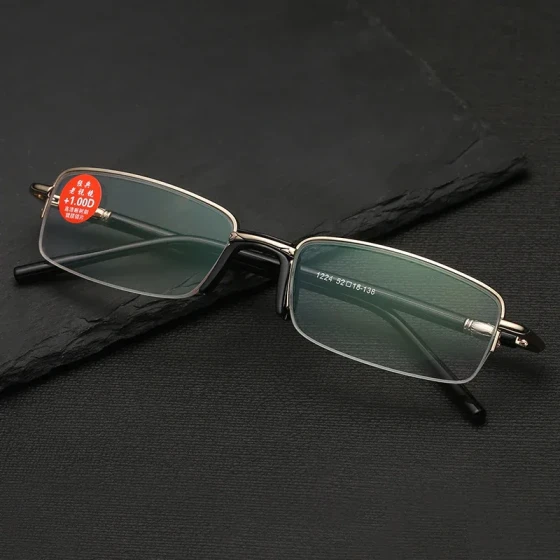 2019New stylish metal half-frame reading glasses with high-definition coated anti-radiation resin lenses