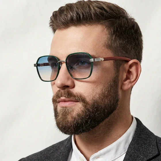 Retro faux wood grain temple men's sunglasses, high-end square frame sunglasses for outdoor driving