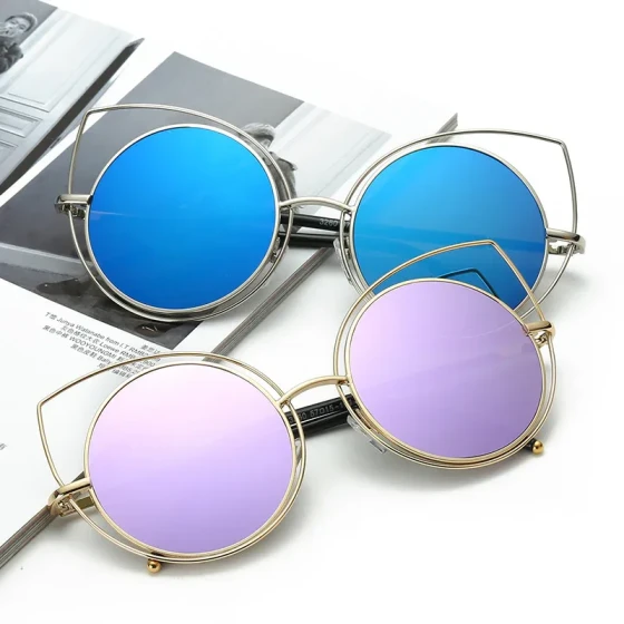 2019Fashionable Color Film Sunglasses3260 Trendy Metal Round Large Frame Sunglasses with Hollow Cat Eye Design