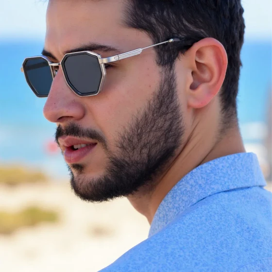 Polygonal sunglasses for men, high-end European and American style, trendy metal temple eyeglasses