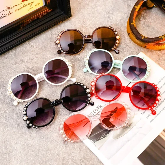 Children's Sunglasses Fashionable New Pearl Round Frame Personality Trendy UV Protection Sunglasses
