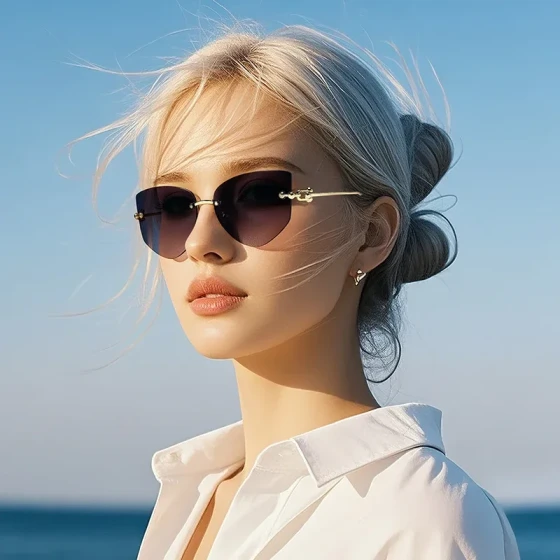 New fashionable European and American trendy cut-edge personalized cat-eye sunglasses with a high-end feel, new frameless sunglasses