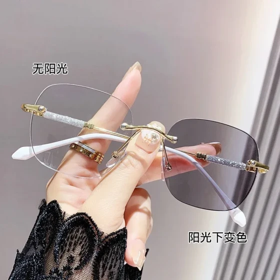 High-end photochromic starry sky red light-blocking women's frameless bevel-cut high-definition prescription glasses