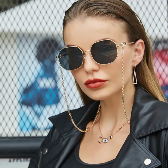 Chain sunglasses for women, same style as popular influencers, anti-drop chain strap, irregular polygonal full-frame sunglasses, trendy women's style