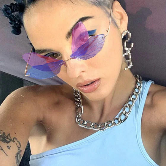 Dragonfly Sunglasses for Women, Fashionable Winged Design, Trendy Double Lens Party Ball Rimless Sunglasses