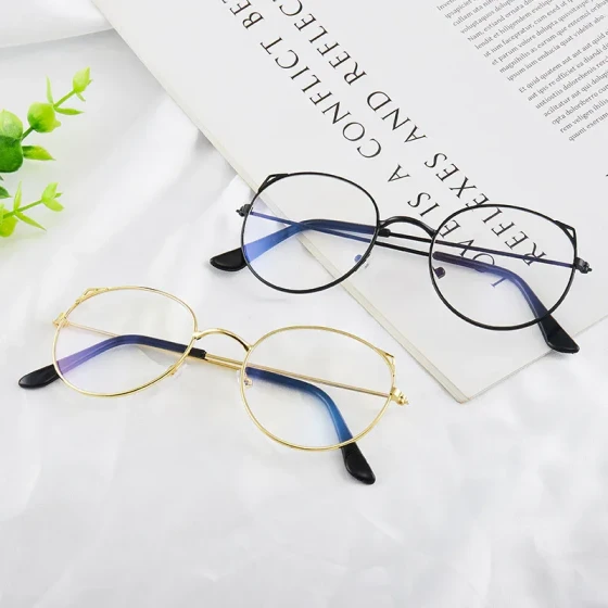 Directly supplied flat lens cat ear sunglasses for women, Korean style, trendy retro round face sunglasses, round frame glasses