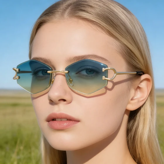 European and American fashion frameless sunglasses for women with metal temples, trendy outdoor street style sunglasses for women